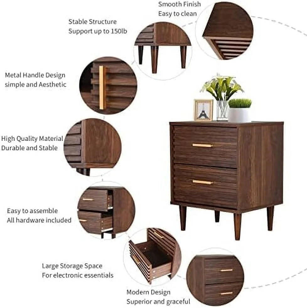 Mid-Century Modern Nightstands with 2 Storage Drawers and Solid Wood Legs K851989