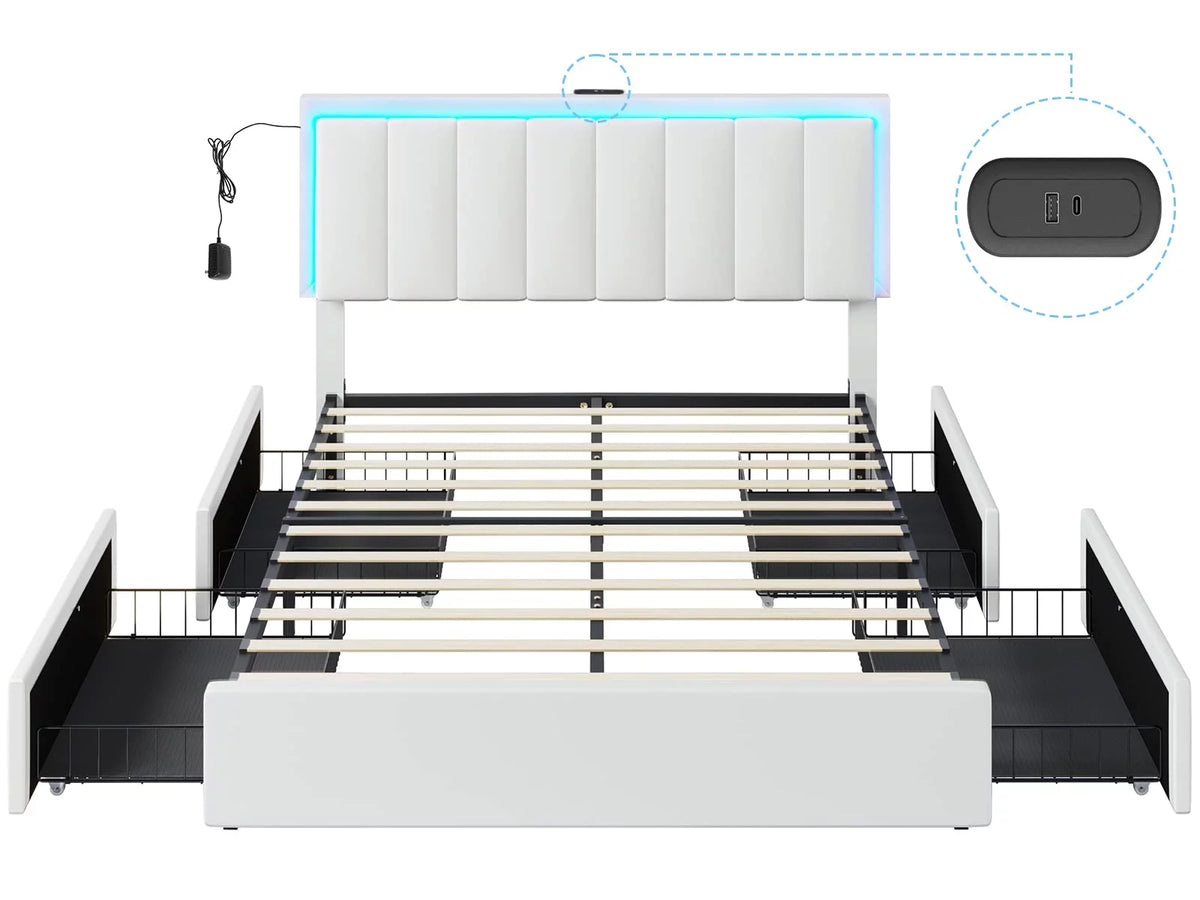 Queen LED Bed Frame with 4 Storage Drawers and USB Ports White O474