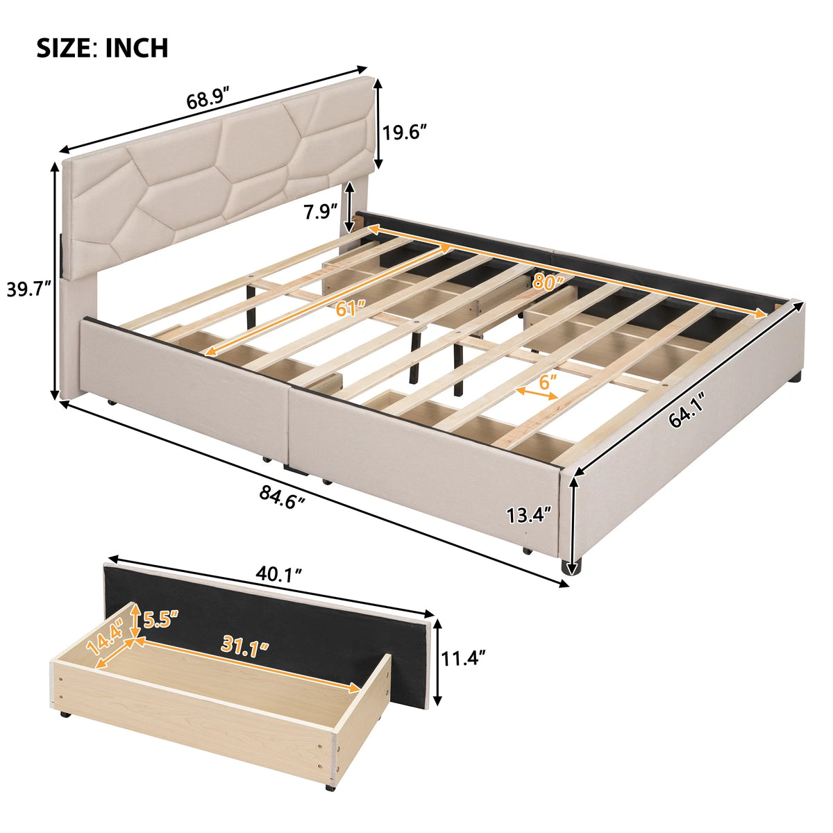 Beige Queen Linen Fabric Upholstered Storage Bed Frame with 4 Drawers C38533