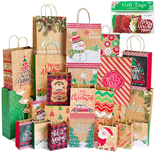 24 Kraft Christmas Gift Paper Bags Bulk with 60 Count Tags G21190