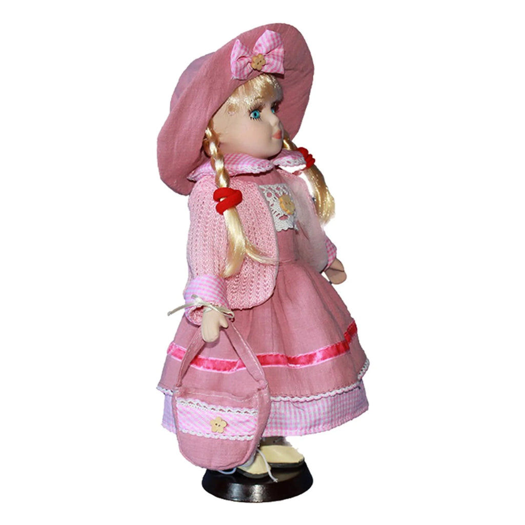 Pink Porcelain Doll Girl Figures with Hat Set T2683