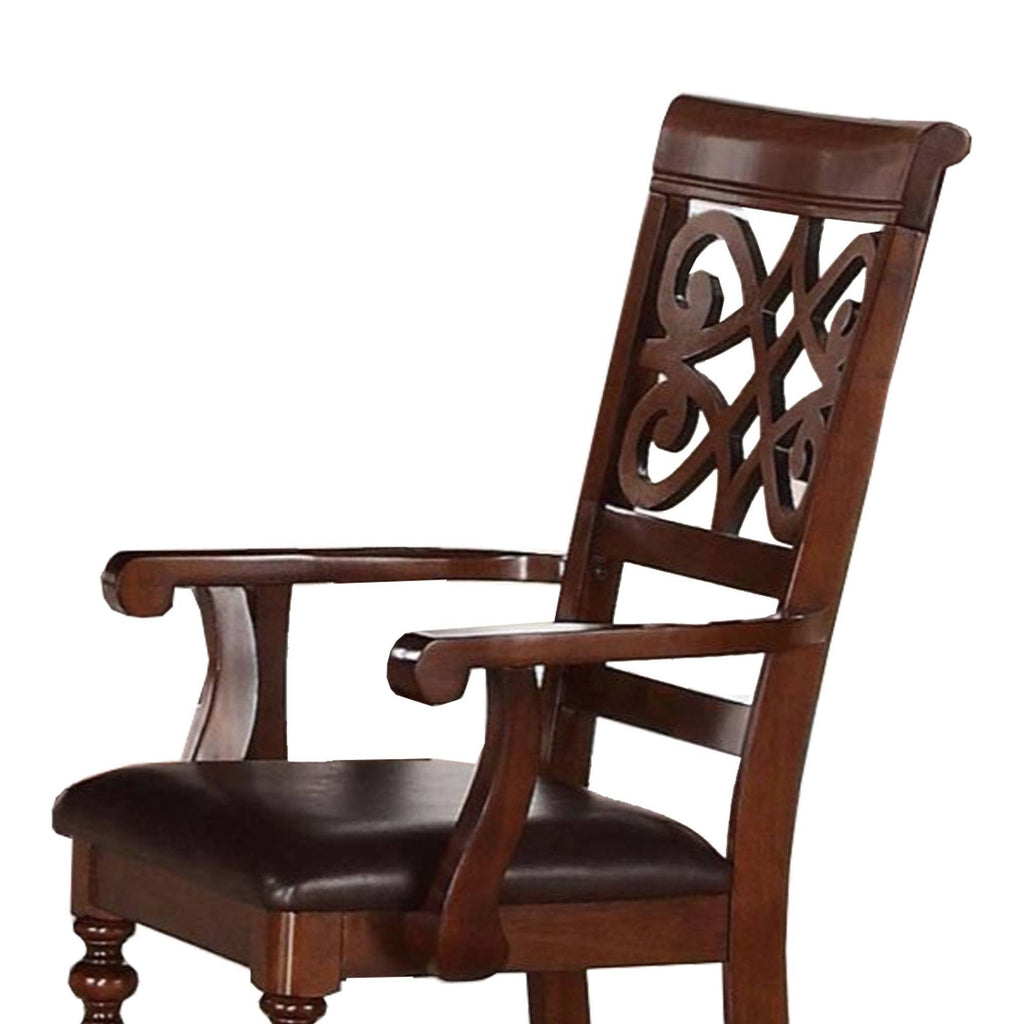 Cherry Brown Wooden Arm Chair with Leatherette Seat, Set of 2 V639125