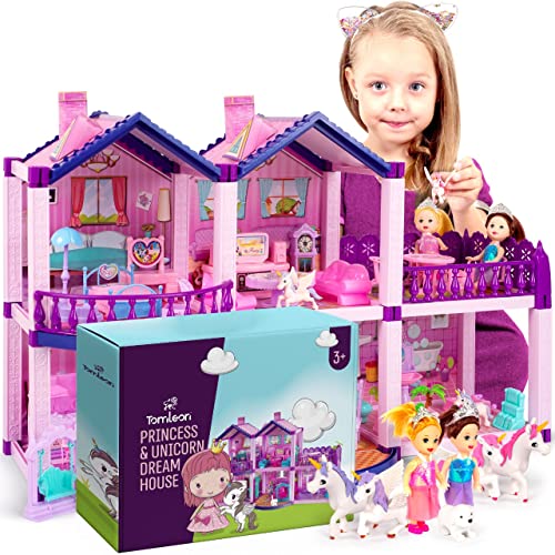 Pink and Purple Dollhouse with 4 Princesses, 4 Unicorns, Dog, Furniture and Accessories R492430