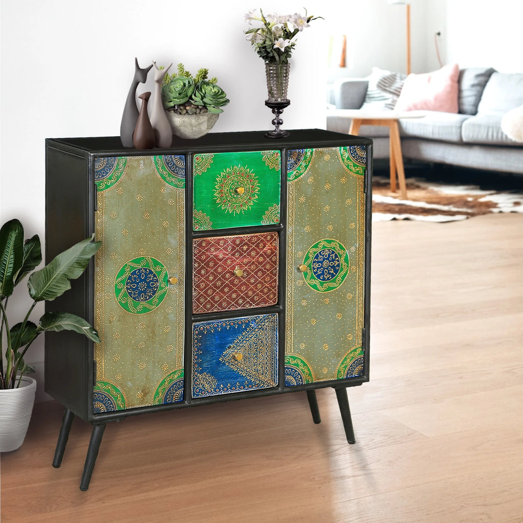 Recycled Mango Wood Cabinet with 3 Drawers and 2 Doors U8207