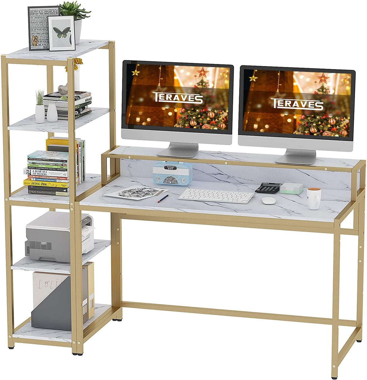 White Marbling Gold Frame 47 Inch Computer Desk with 5 Tier Shelves B7534