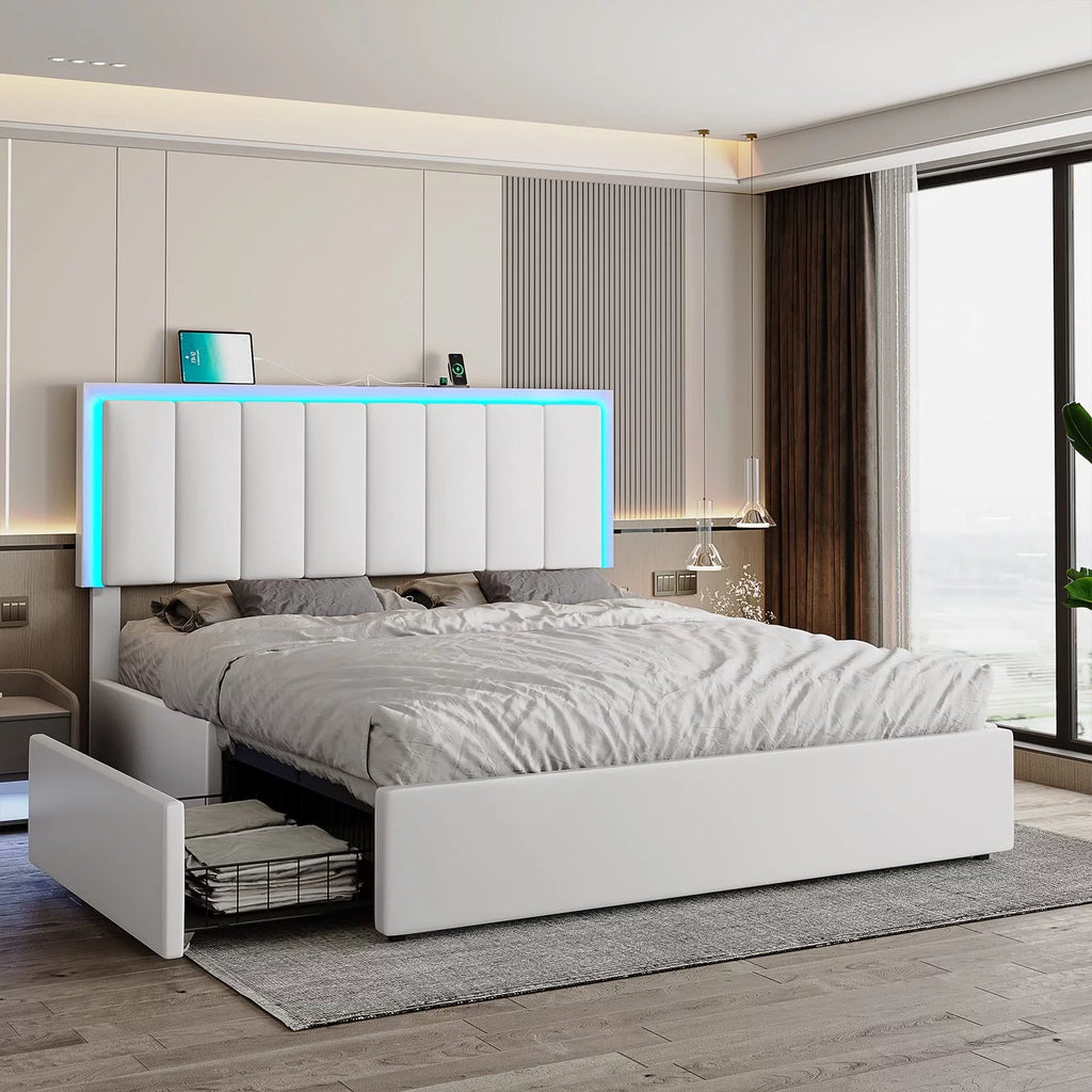 Queen LED Bed Frame with 4 Storage Drawers and USB Ports White O474