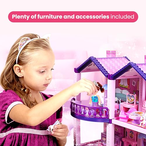 Pink and Purple Dollhouse with 4 Princesses, 4 Unicorns, Dog, Furniture and Accessories R492430