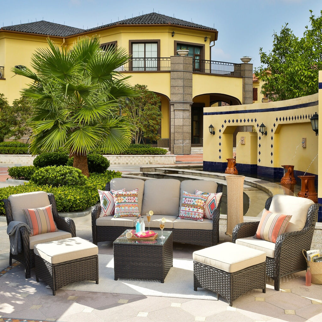 Beige 6-piece Wicker Sectional Set with Table B34491