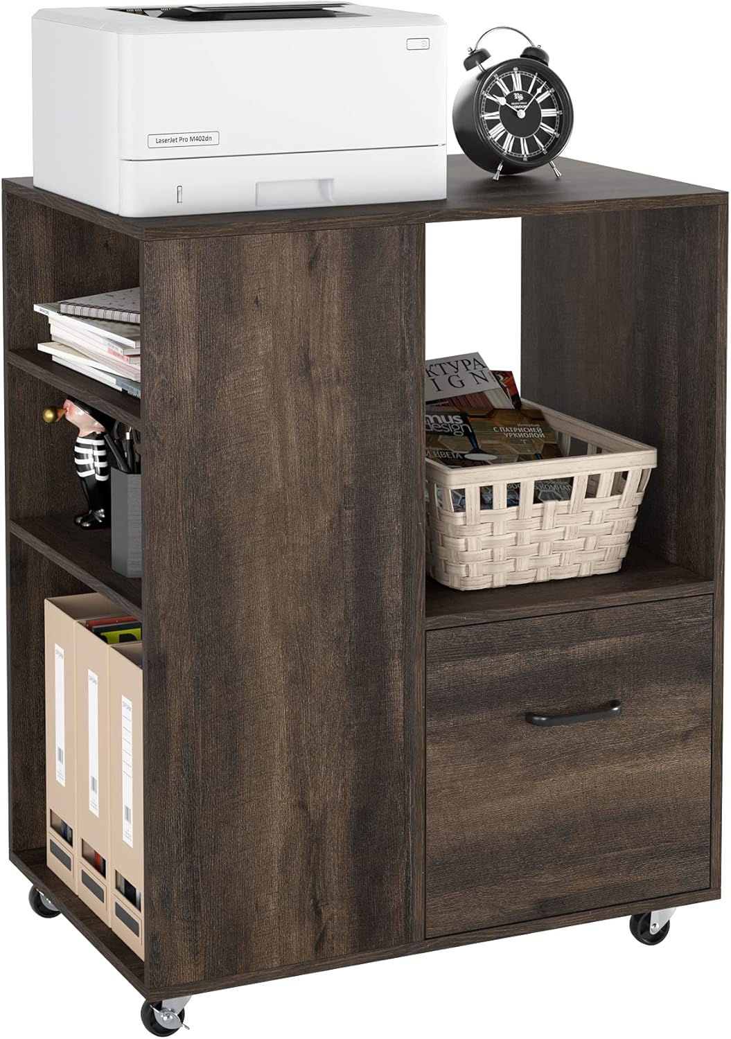 White Wood Mobile File Cabinet with Drawer and Rolling Wheels H859005