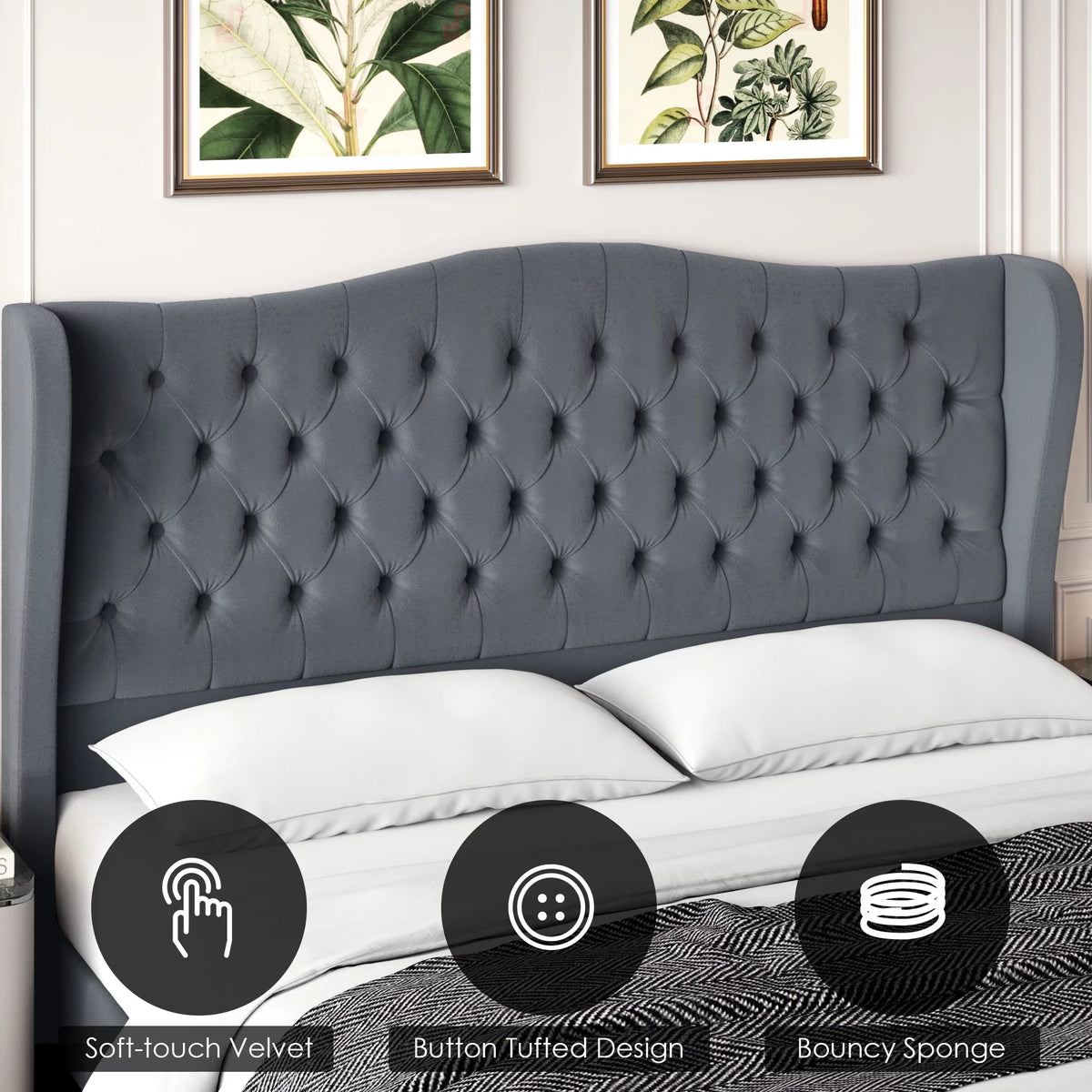 Queen Size Beige Velvet Tufted Upholstered Platform Bed Frame with Wingback Headboard U107