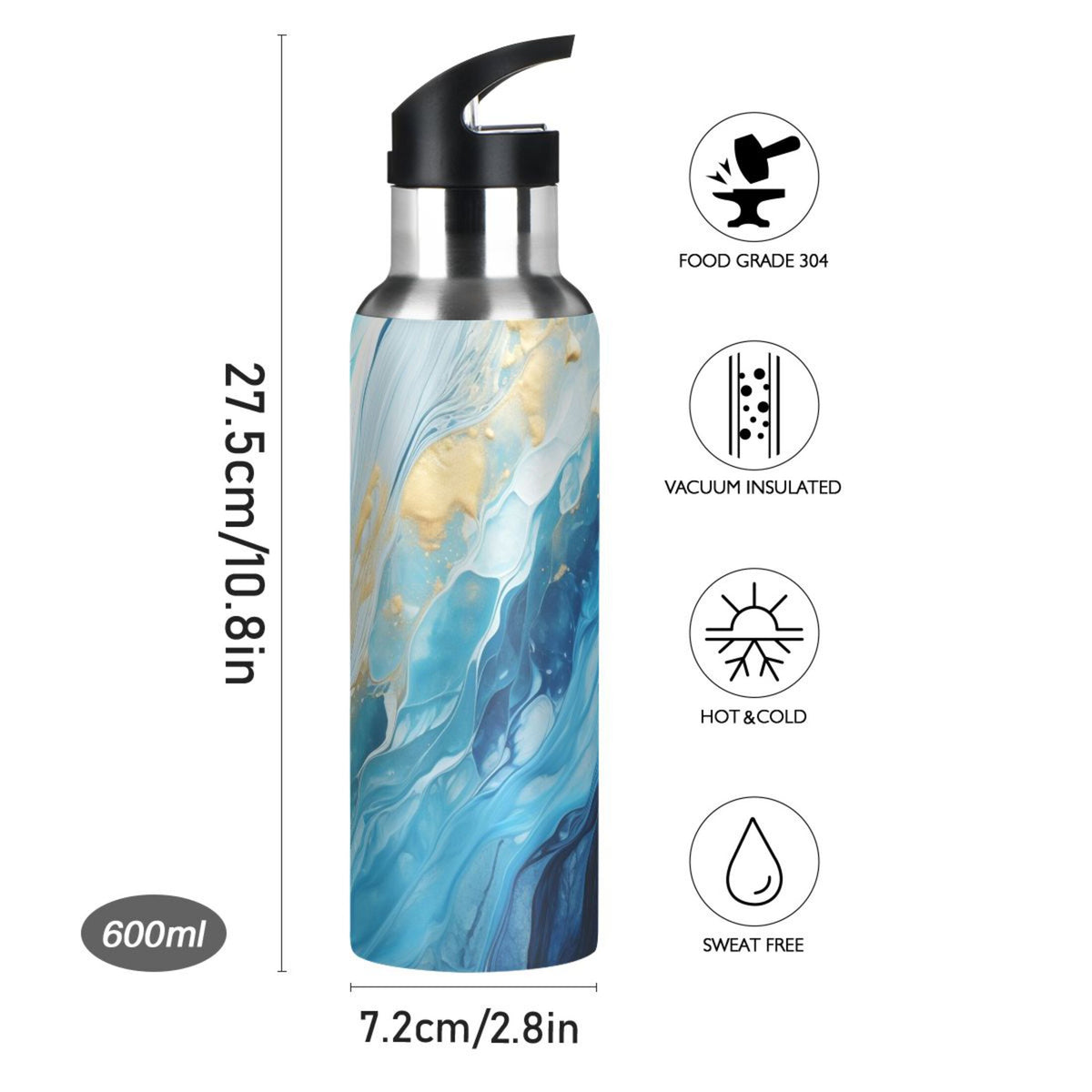 Blue White and Gold Marble Stainless Steel Insulated Water Bottle with Straw Lid M989
