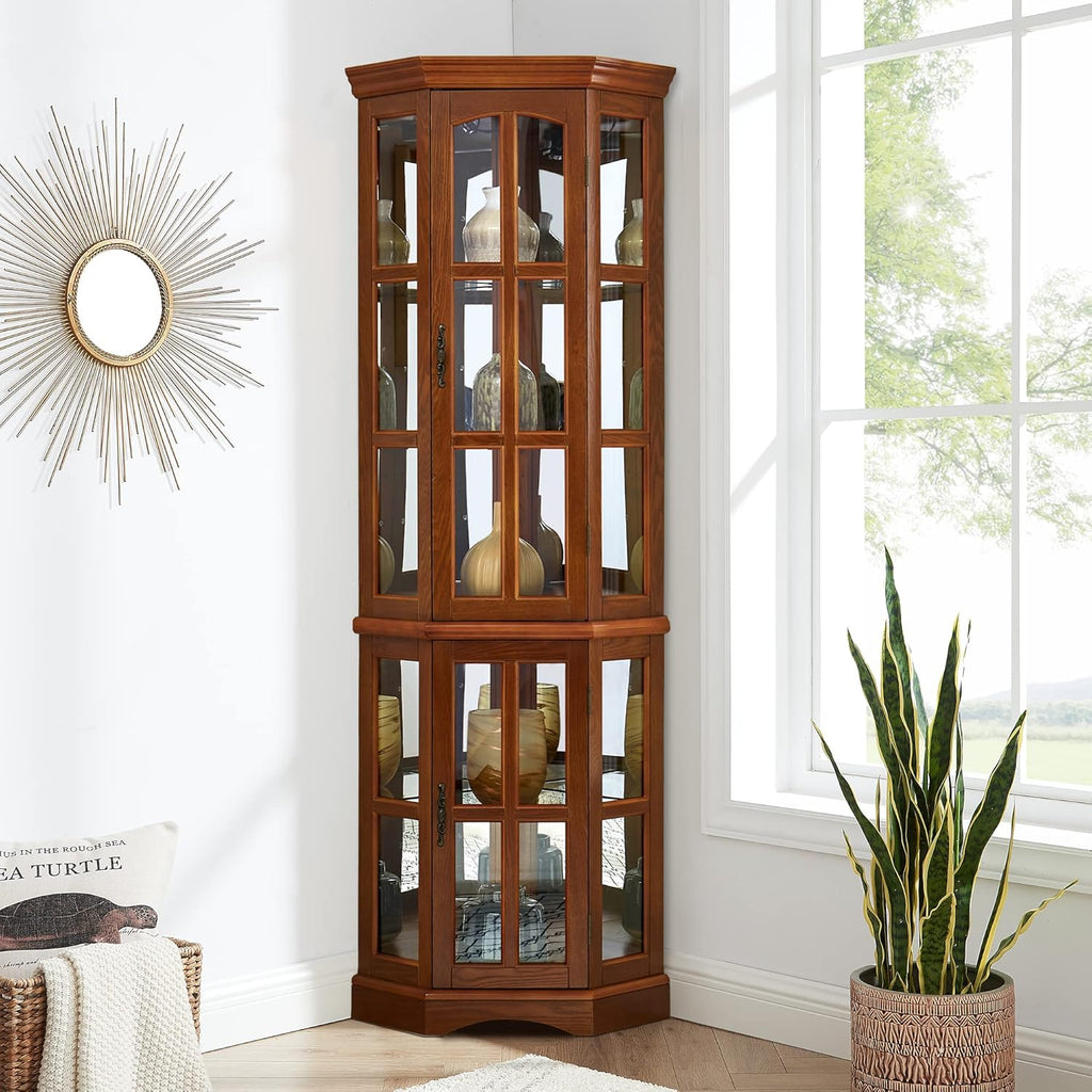 Walnut Corner Curio Cabinet with 5 Shelves and Lighting System C2176