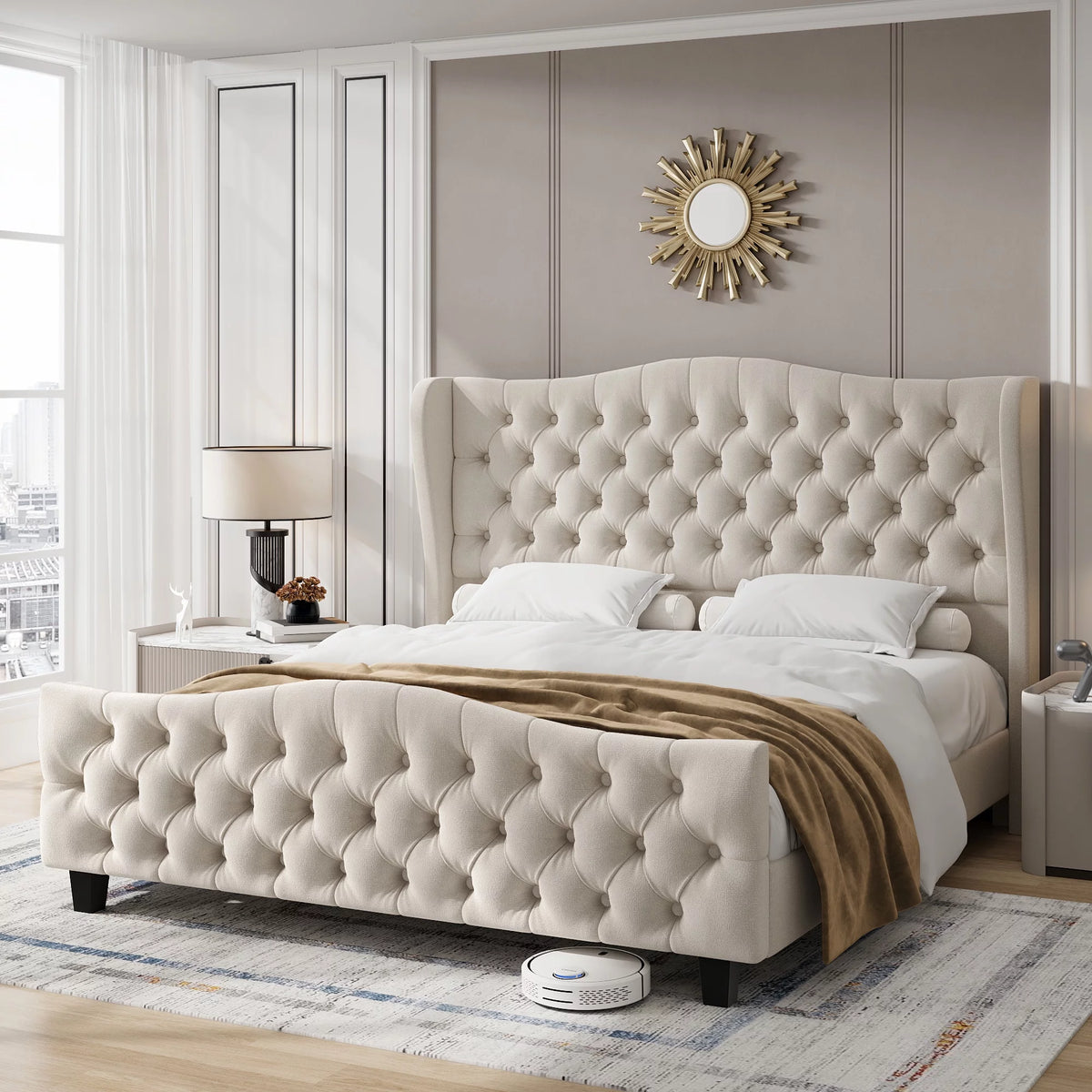 Queen Size Beige Velvet Tufted Upholstered Platform Bed Frame with Wingback Headboard U107