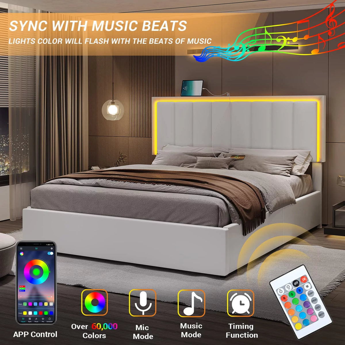 Queen LED Bed Frame with 4 Storage Drawers and USB Ports White O474