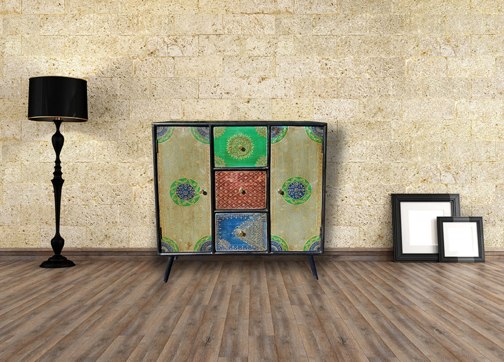 Recycled Mango Wood Cabinet with 3 Drawers and 2 Doors U8207