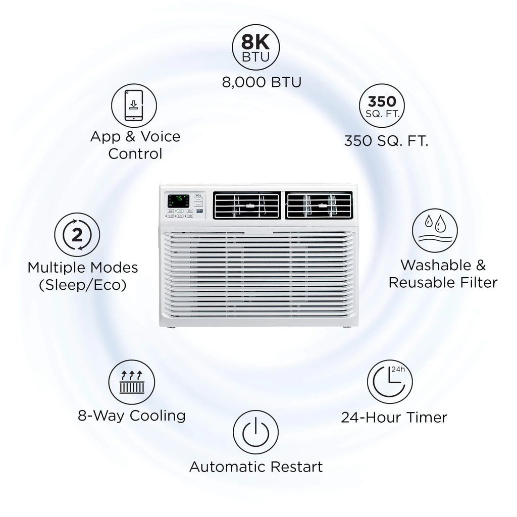 8000 BTU Smart Window Air Conditioner with Remote, White A389350