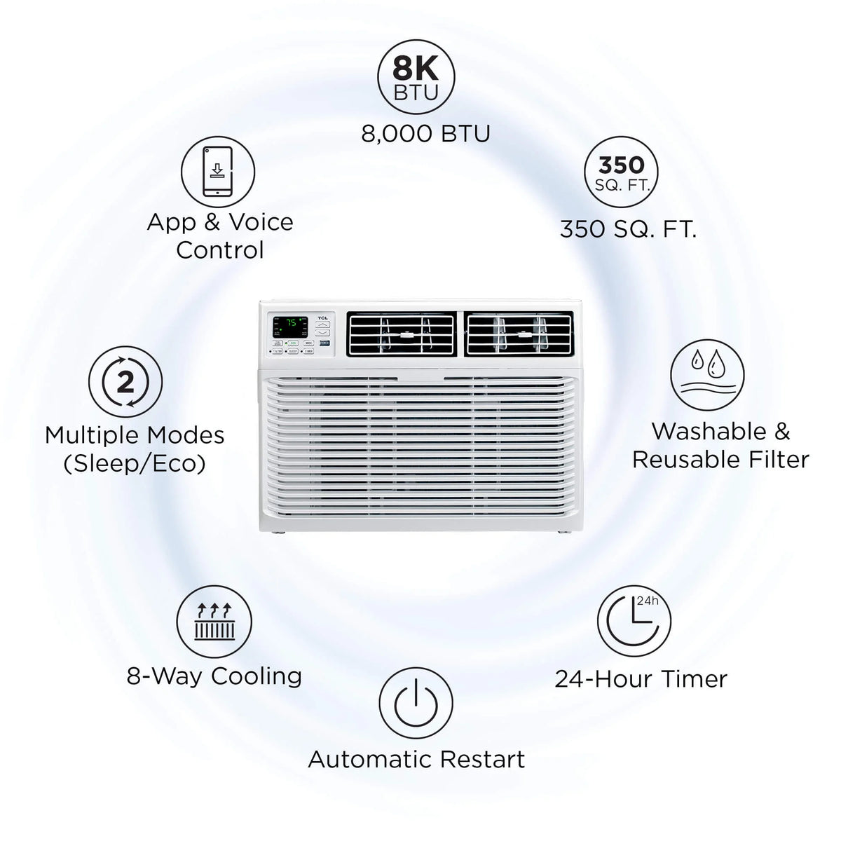 8000 BTU Smart Window Air Conditioner with Remote, White A389350