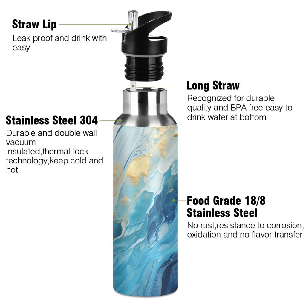 Blue White and Gold Marble Stainless Steel Insulated Water Bottle with Straw Lid M989