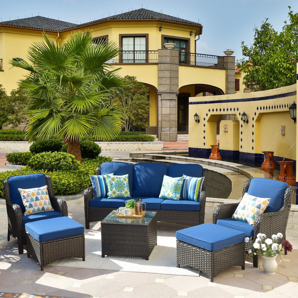 Beige 6-piece Wicker Sectional Set with Table B34491