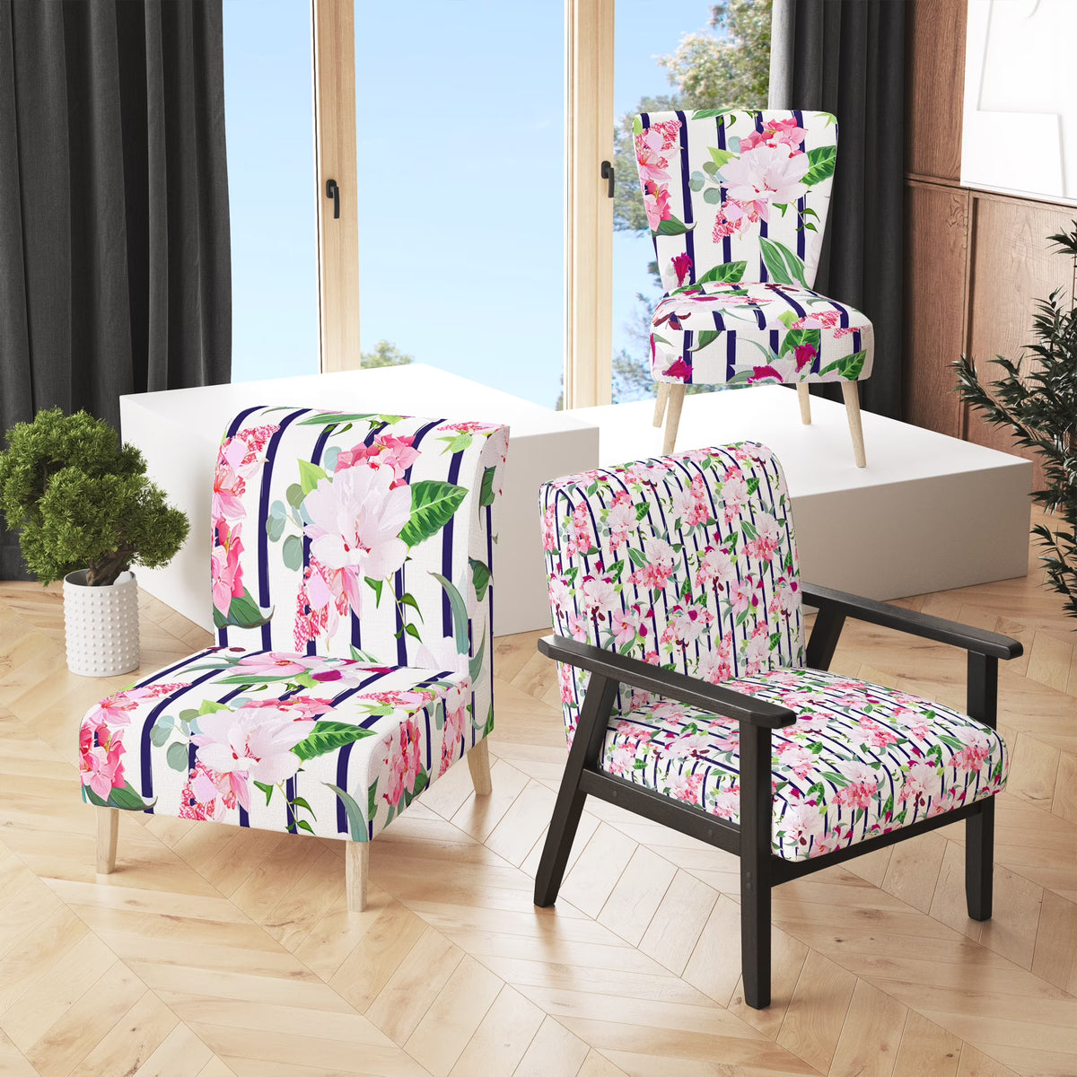 Pink and White Tropical Flowers Upholstered Accent Chair A90541