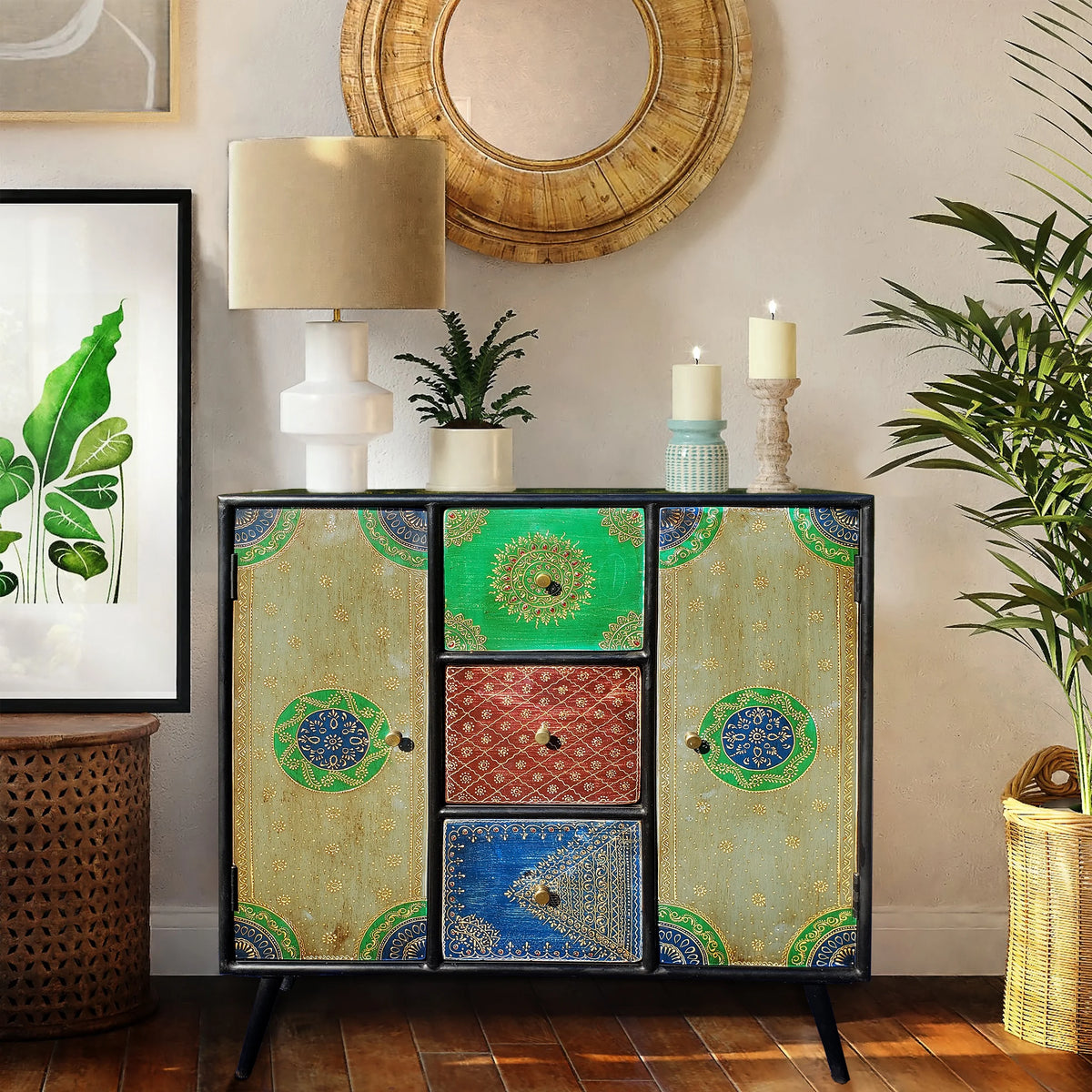 Recycled Mango Wood Cabinet with 3 Drawers and 2 Doors U8207