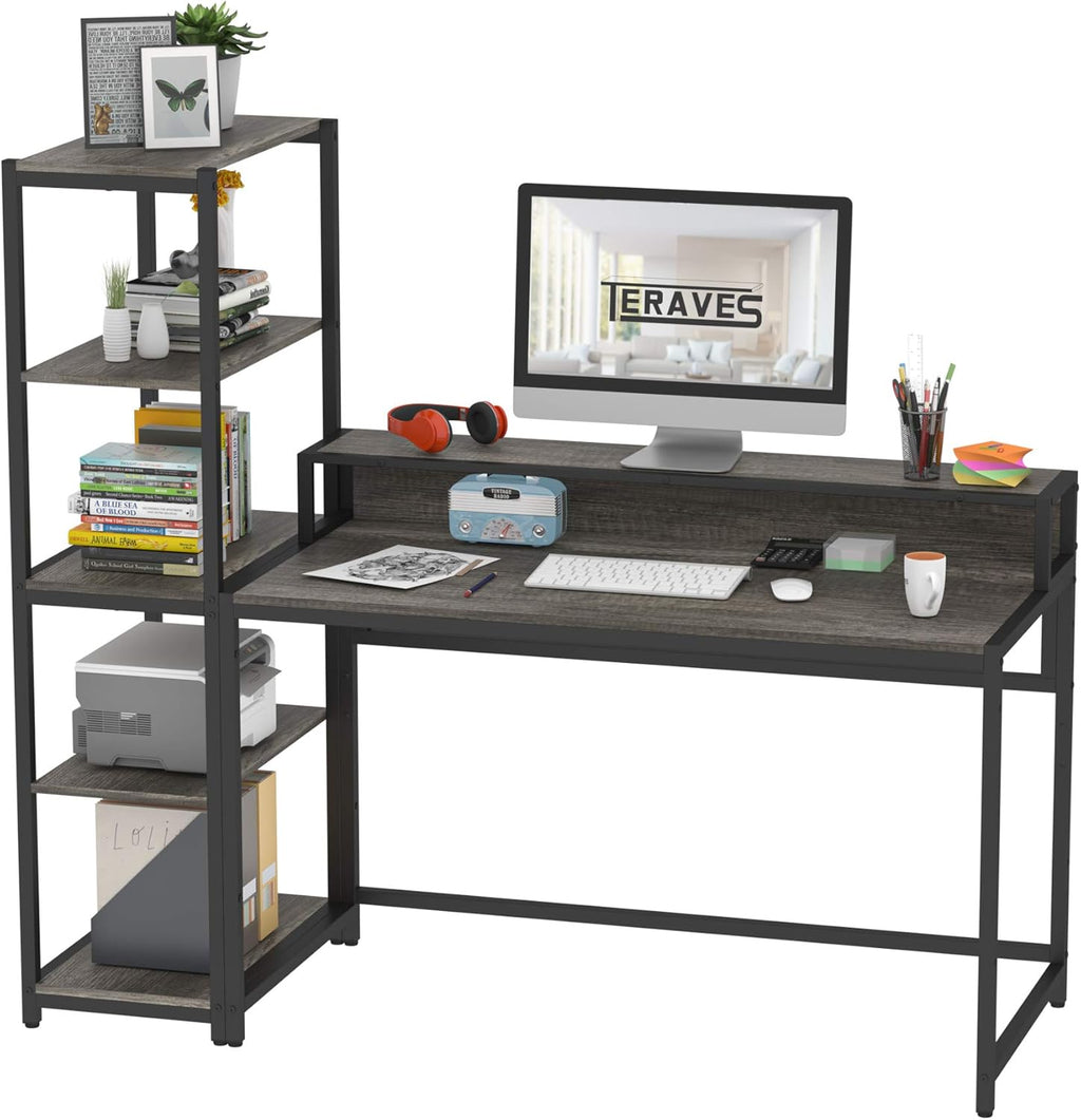White Marbling Gold Frame 47 Inch Computer Desk with 5 Tier Shelves B7534