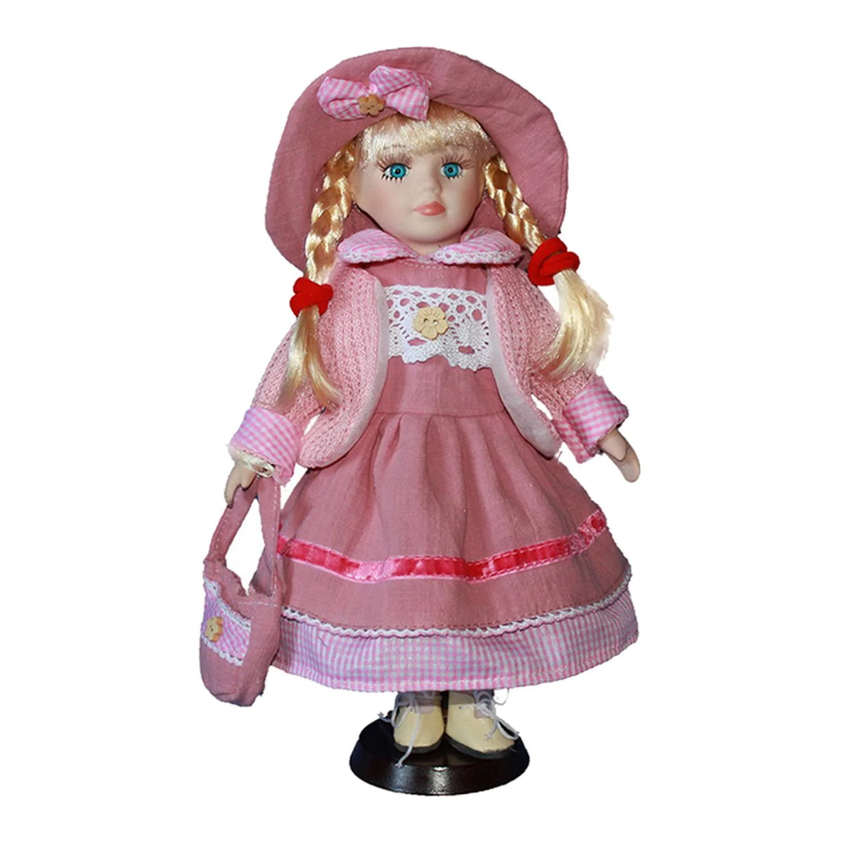 Pink Porcelain Doll Girl Figures with Hat Set T2683