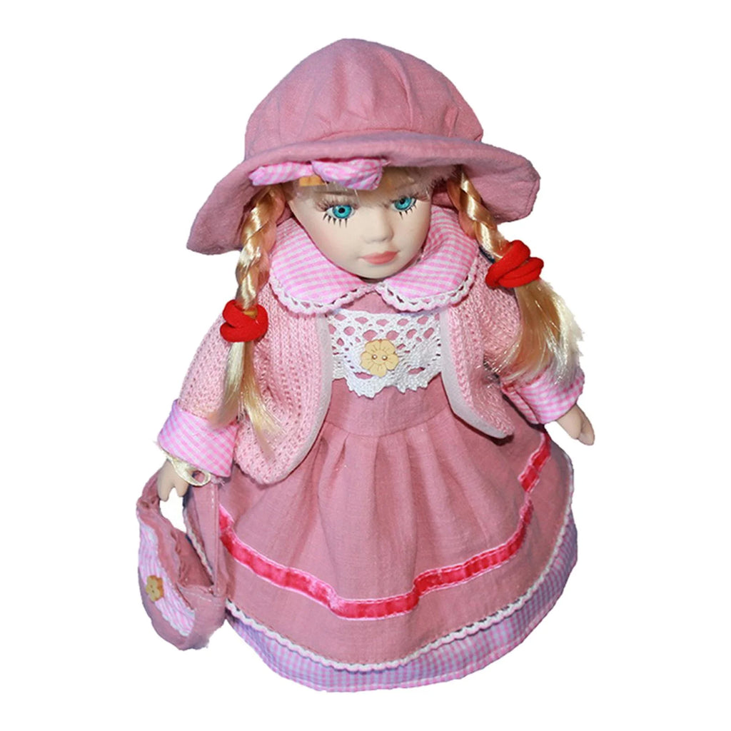 Pink Porcelain Doll Girl Figures with Hat Set T2683